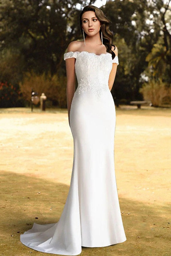 Mermaid Off-Shoulder Wedding Dress Simple Lace Appliques Satin Bridal Gown