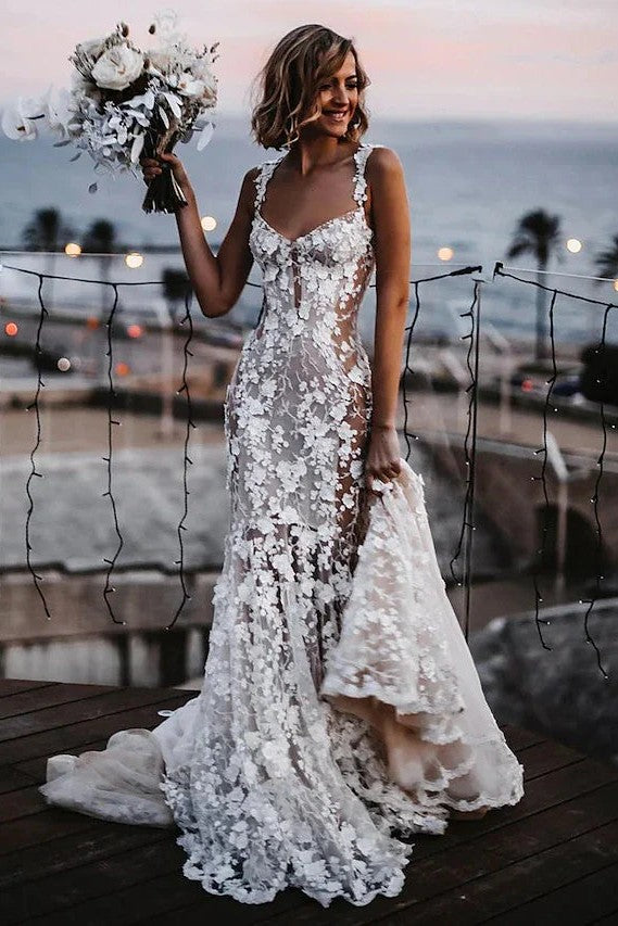 Mermaid Sexy Lace Wedding Dress Spaghetti Straps Sheer Bridal Gown
