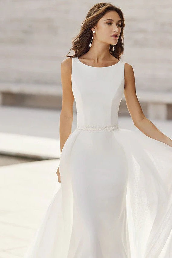 Mermaid Sleeveless Satin Wedding Dress with Detachable Tulle Train