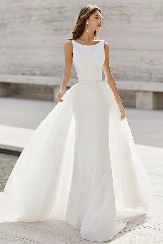 Mermaid Sleeveless Satin Wedding Dress with Detachable Tulle Train