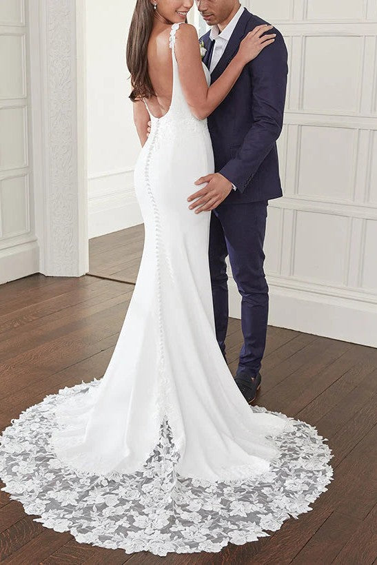 Mermaid Spaghetti Straps Satin Wedding Dress with Lace Train