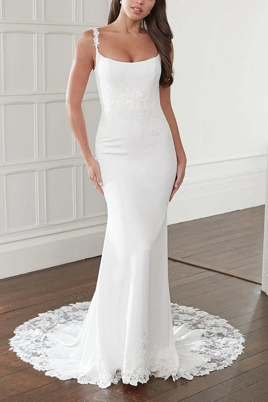 Mermaid Spaghetti Straps Satin Wedding Dress with Lace Train