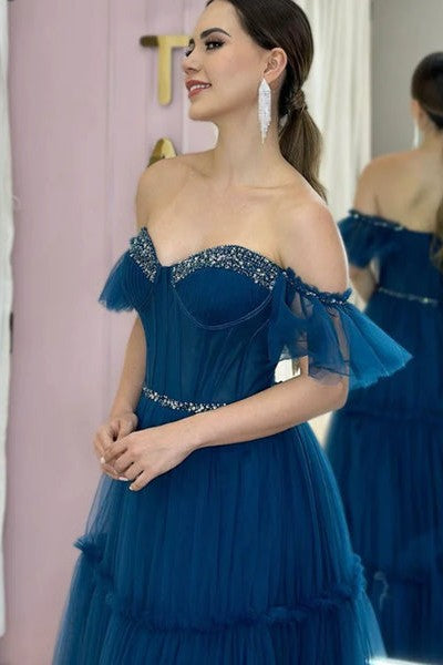 Navy Blue Tulle Prom Dress Off The Shoulder Beaded Evening Gown