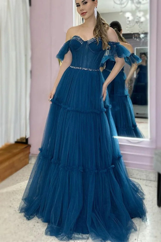 Navy Blue Tulle Prom Dress Off The Shoulder Beaded Evening Gown