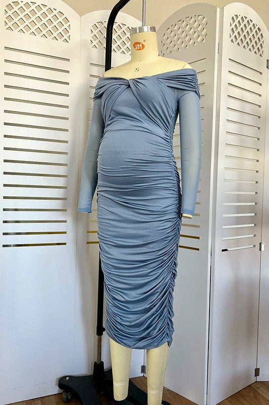 Off The Shoulder Maternity Evening Dress Blue Ruched Baby Shower Formal Dress