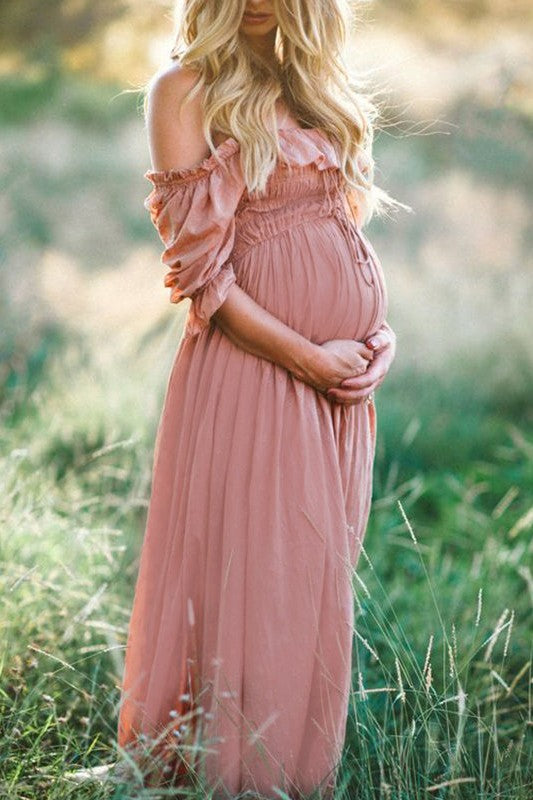 Off The Shoulder Maternity Evening Gown with Ruffles