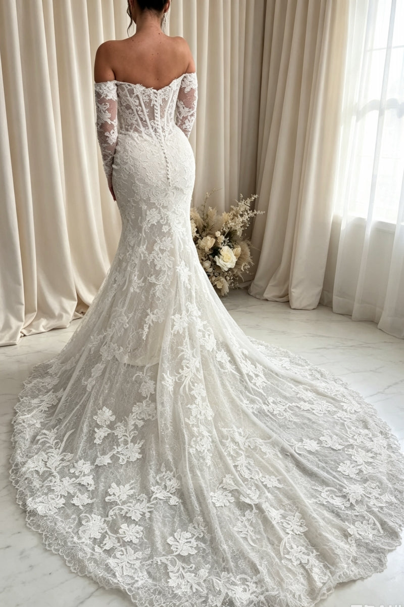 Off-The-Shoulder Mermaid Lace Long Sleeves Wedding Dress with Appliques