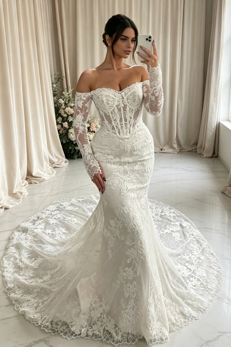 Off-The-Shoulder Mermaid Lace Long Sleeves Wedding Dress with Appliques