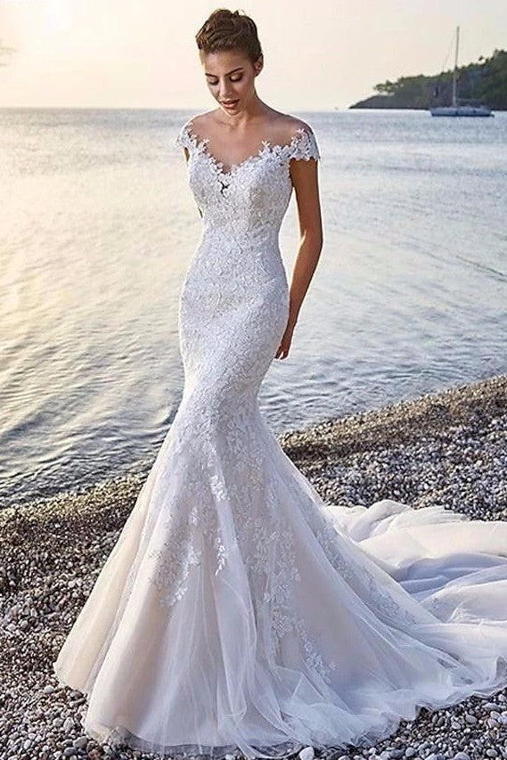 Off The Shoulder Mermaid Wedding Dresses With Lace Appliques