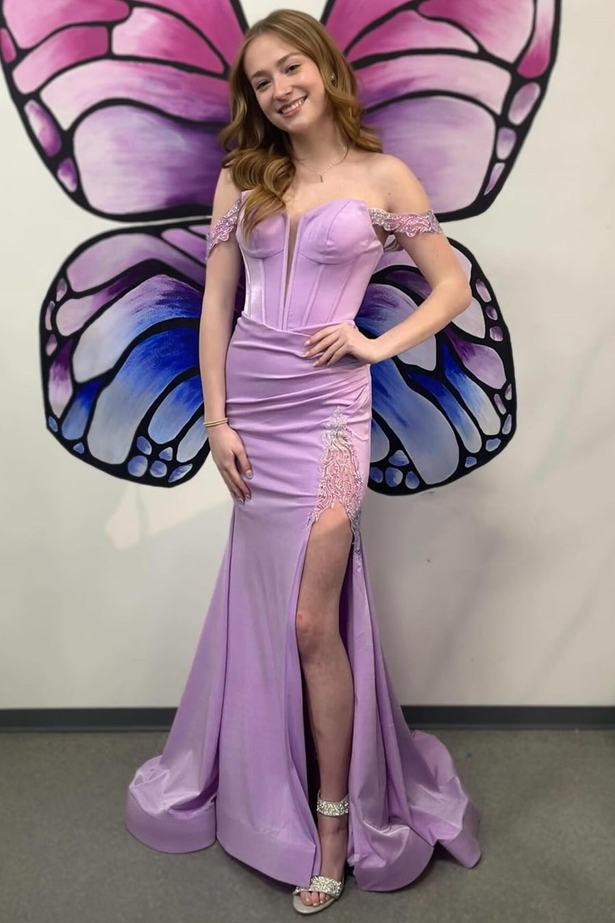 Off The Shoulder Prom Dress Corset Open Back High Slit Mermaid Evening Gown