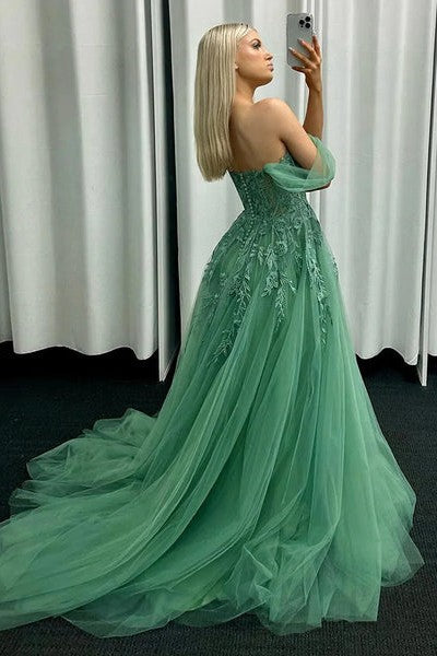 Off The Shoulder Prom Dress Green Lace Tulle A-Line Evening Gown