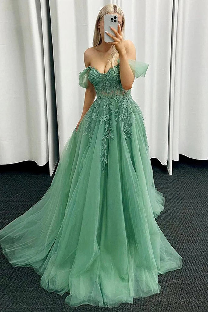 Off The Shoulder Prom Dress Green Lace Tulle A-Line Evening Gown