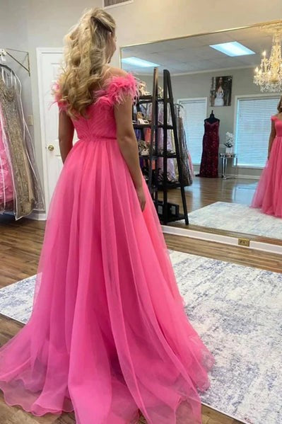 Off The Shoulder Prom Dress Hot Pink Pleated Tulle Formal Gown