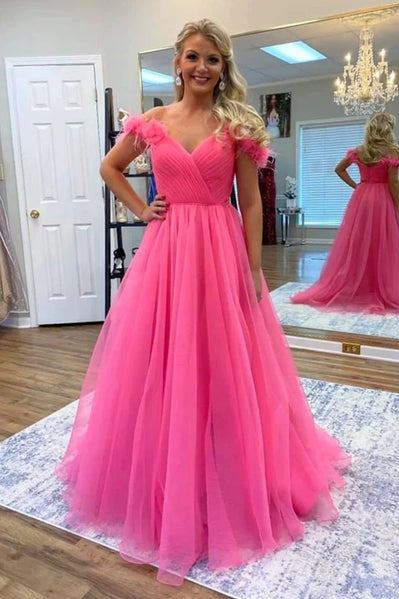 Off The Shoulder Prom Dress Hot Pink Pleated Tulle Formal Gown