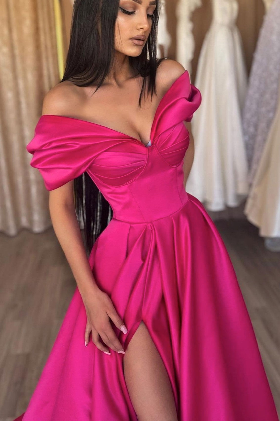 Off-the-Shoulder Prom Dress Split Ruched A-line Evening Gown