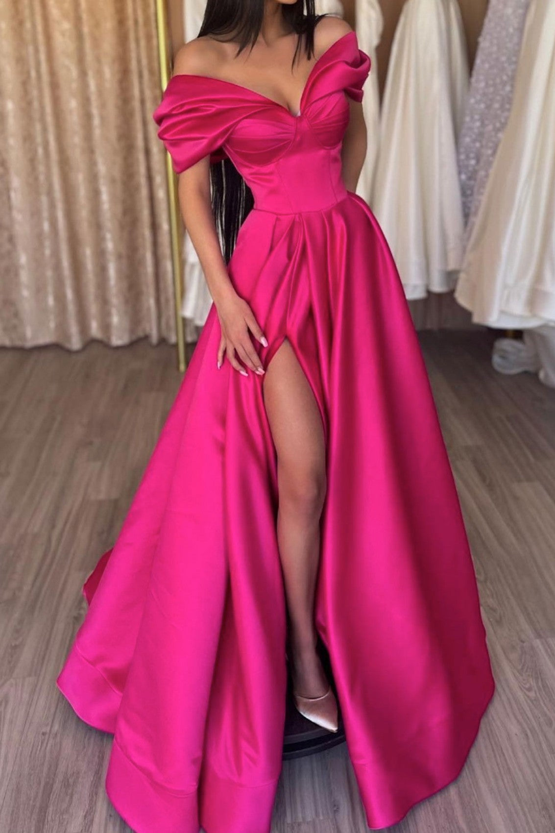 Off-the-Shoulder Prom Dress Split Ruched A-line Evening Gown