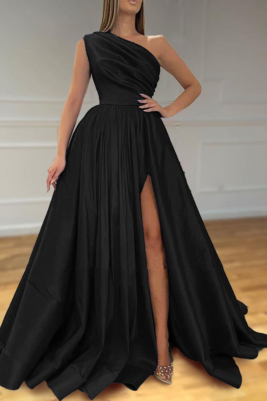 One-Shoulder A-Line Prom Dress Front Split Satin Evening Gown