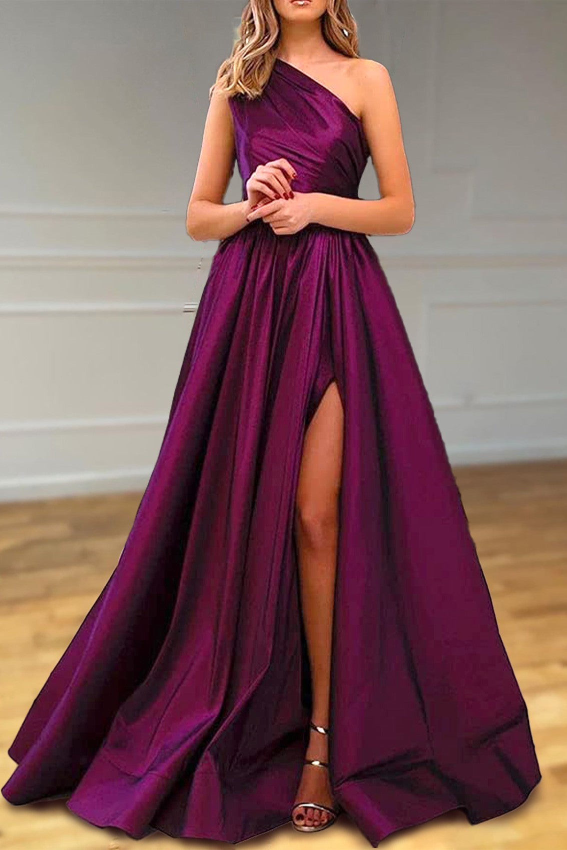 One-Shoulder A-Line Prom Dress Front Split Satin Evening Gown