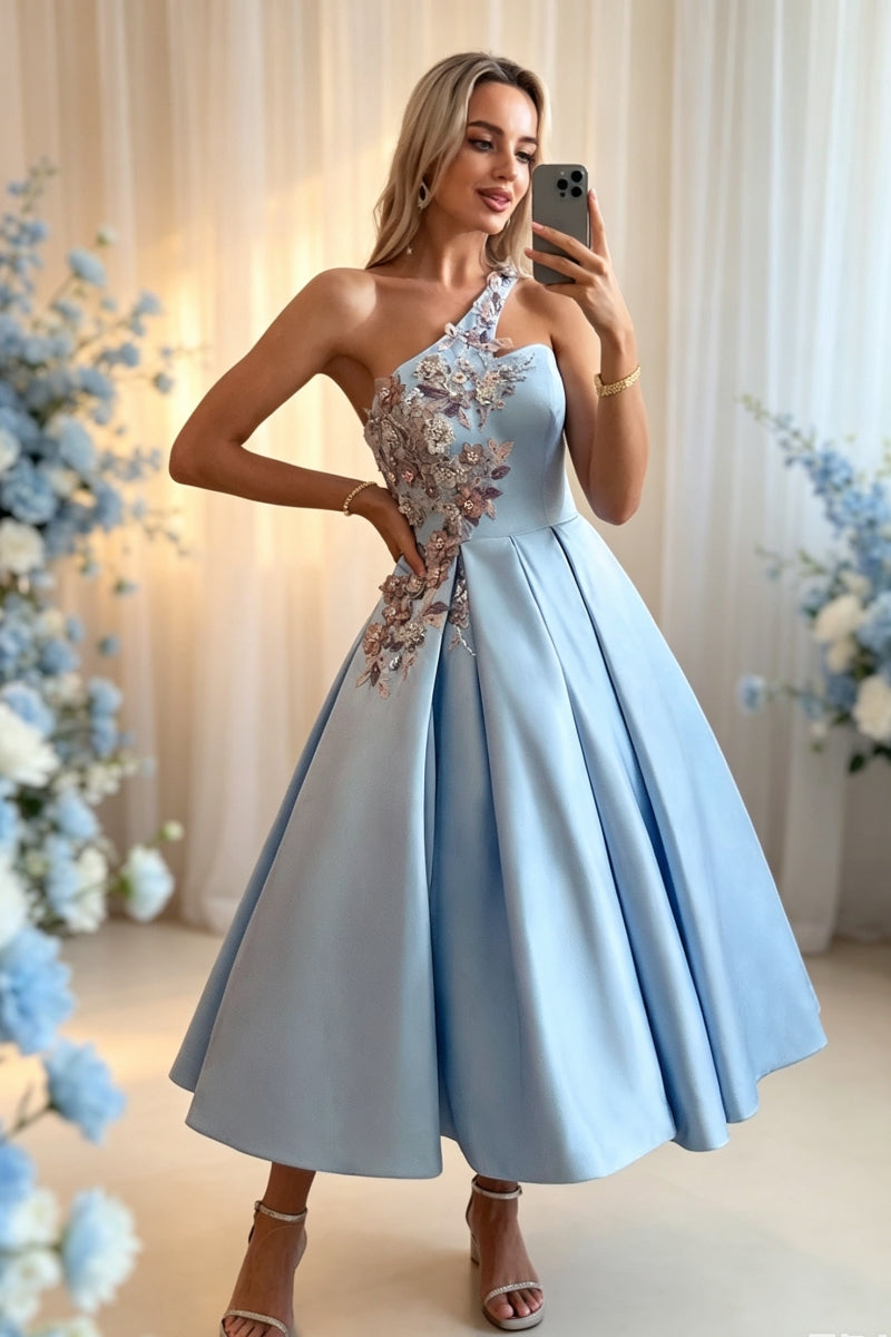 One-Shoulder Ball-Gown Tea-Length Satin Homecoming Dresses with Flower