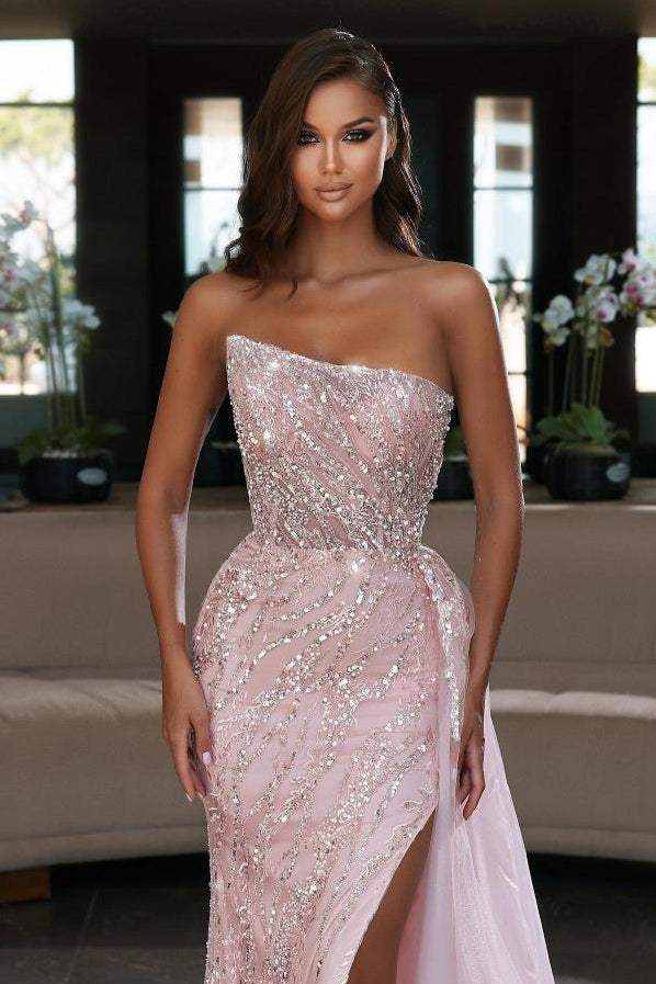Pink High Slit Prom Dress Shiny Beaded Mermaid Evening Gown