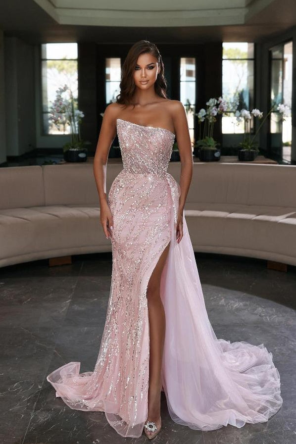 pink dress with glitter Hot Sequin Lace V-Neck Trumpet Long Prom MD111805 Spaghetti Strap Color Glitter Princess Lace-Up Pink Long