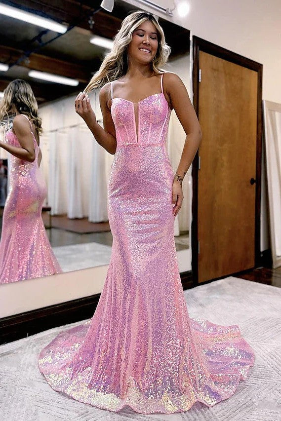 Pink Sequin Mermaid Prom Dress Sparkly Spaghetti Straps Evening Gown