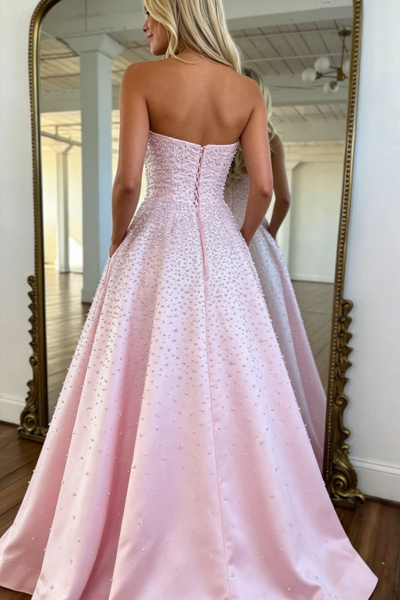 Pink Sweetheart A-Line Satin Long Prom Dress with Beading