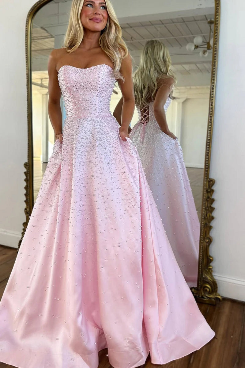 Pink Sweetheart A-Line Satin Long Prom Dress with Beading