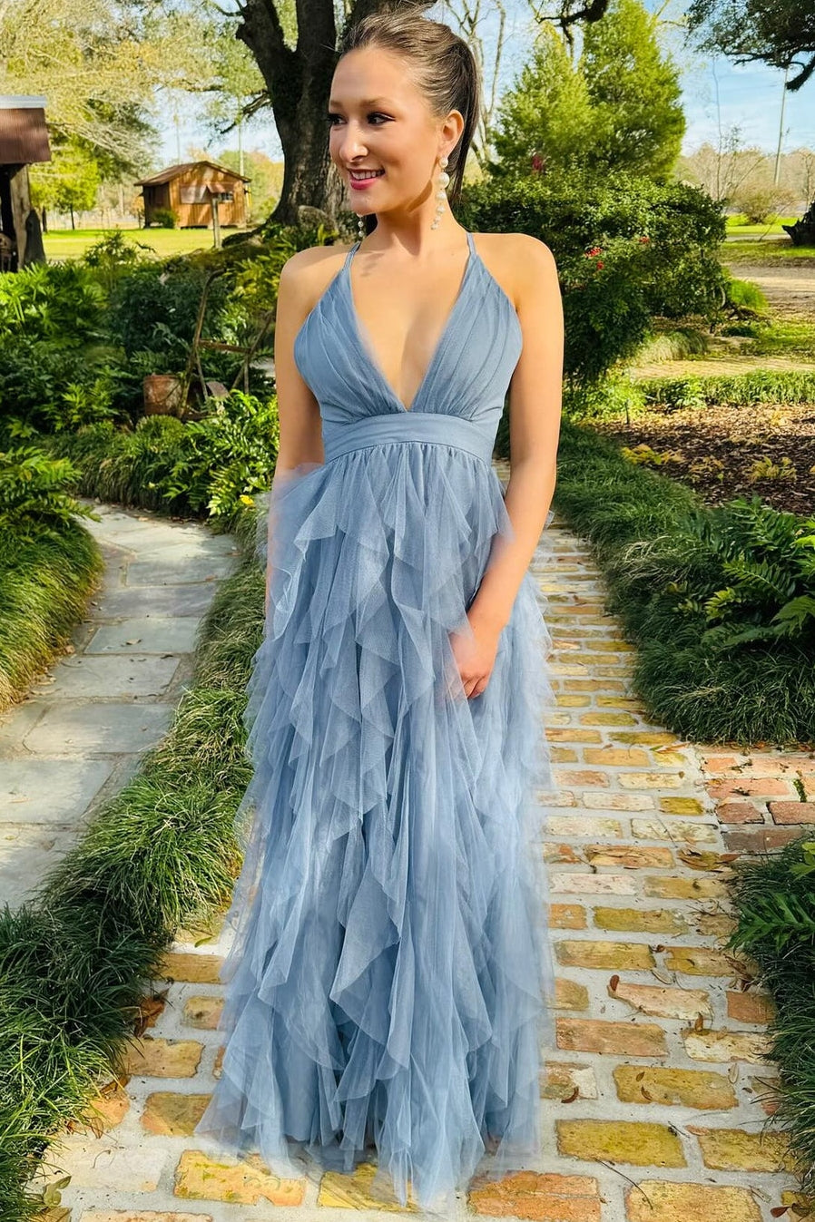 Plunge V Ruffles Prom Dress with Open Back