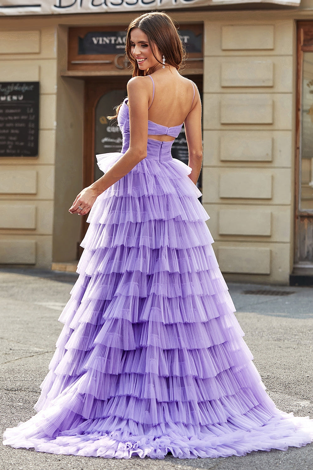 Purple Tiered Long Prom Dress with Slit