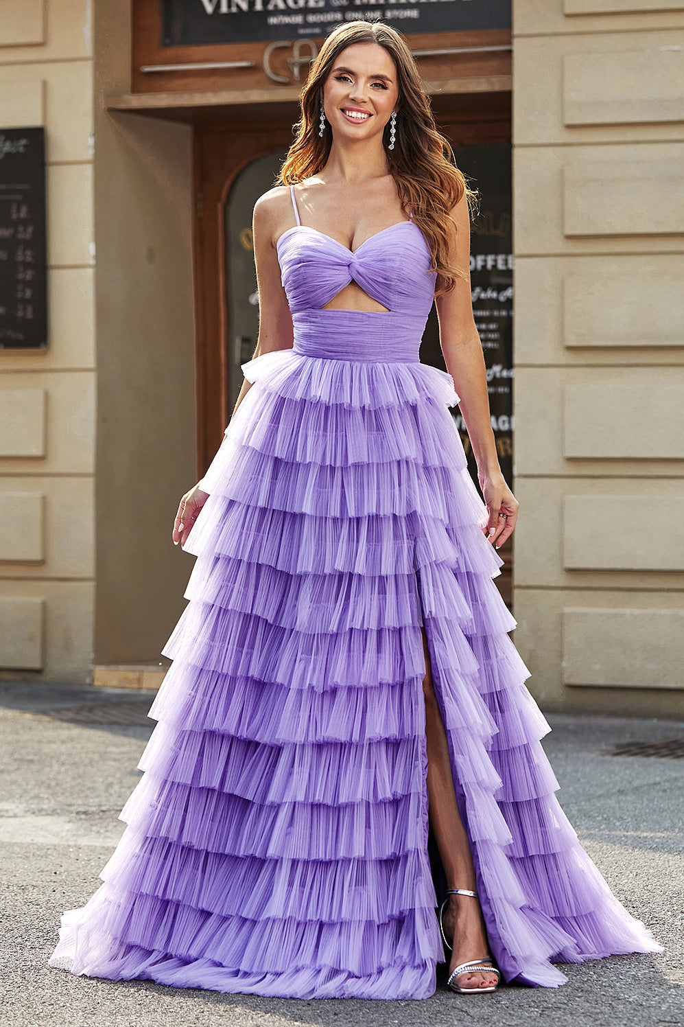 Purple Tiered Long Prom Dress with Slit
