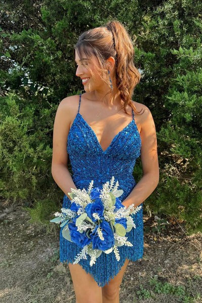 Royal Blue Beaded Homecoming Dress Sparkly Halter Neck Mini Party Dress