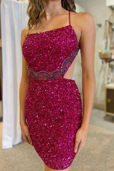 Sequin Bodycon Homecoming Dress Short Cut Out Fuchsia Graduation Dress
