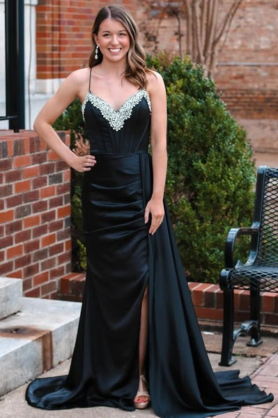 Sexy Beaded Slit Prom Dress Corset Ruched Long Evening Gown