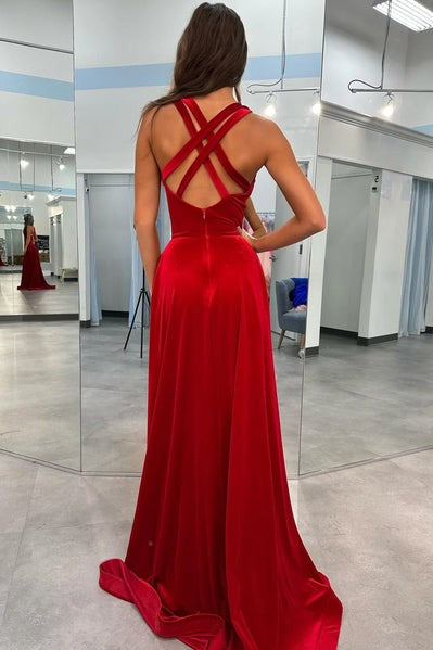 Sexy High Slit Prom Dress Burgundy Criss-Cross Back Evening Gown