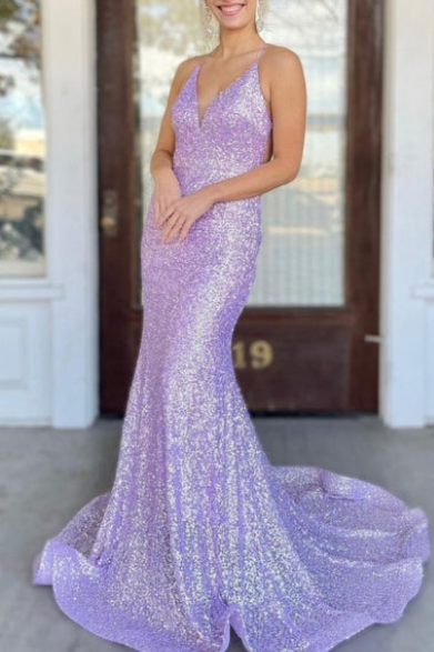 Sexy Lavender Sequin Mermaid Prom Dress With V-Neck And Open Back