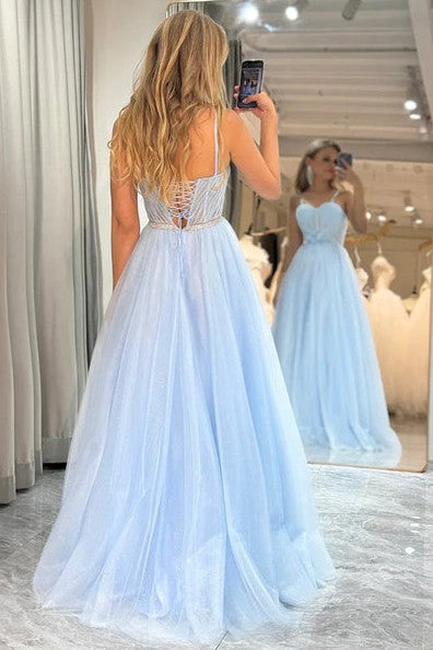 Shiny Blue Sweetheart Prom Dresses with 3D Flowers