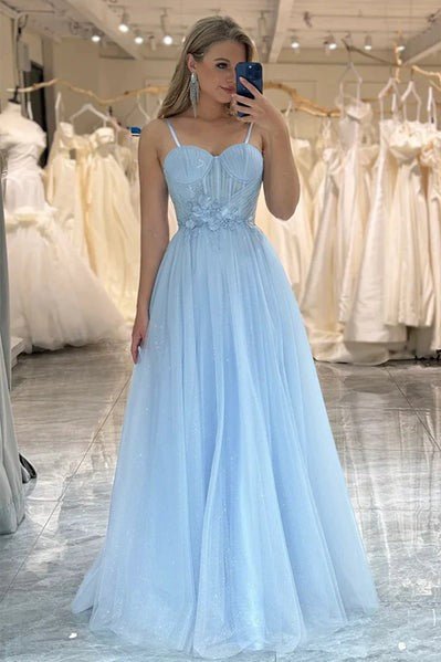 Shiny Blue Sweetheart Prom Dresses with 3D Flowers