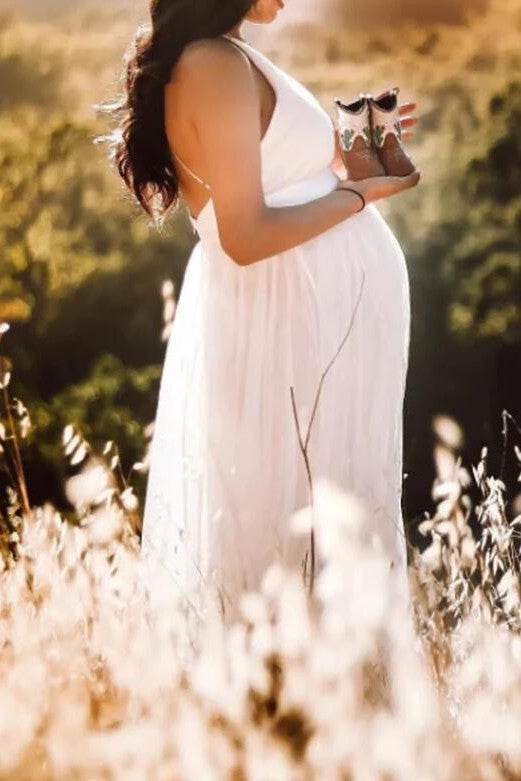 Side Slit Maternity Evening Gown White Backless Baby Shower Formal Dress