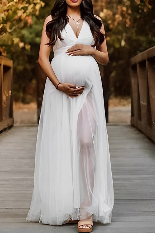 Side Slit Maternity Evening Gown White Backless Baby Shower Formal Dress
