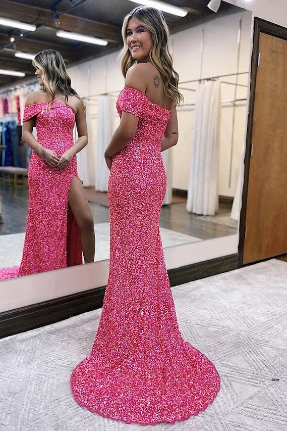 Side Slit Sequin Prom Dress Sparkly One Shoulder Long Evening Gown