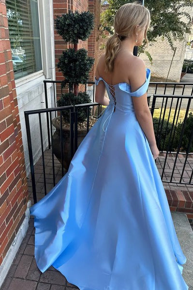 Simple Off The Shoulder Prom Dress Blue Lace Up Back Evening Gown