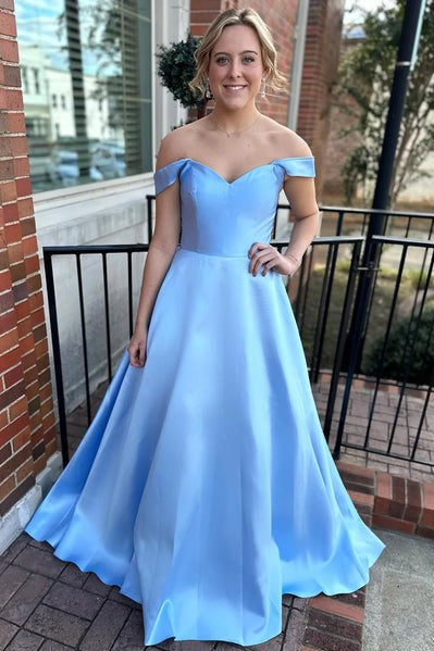 Simple Off The Shoulder Prom Dress Blue Lace Up Back Evening Gown