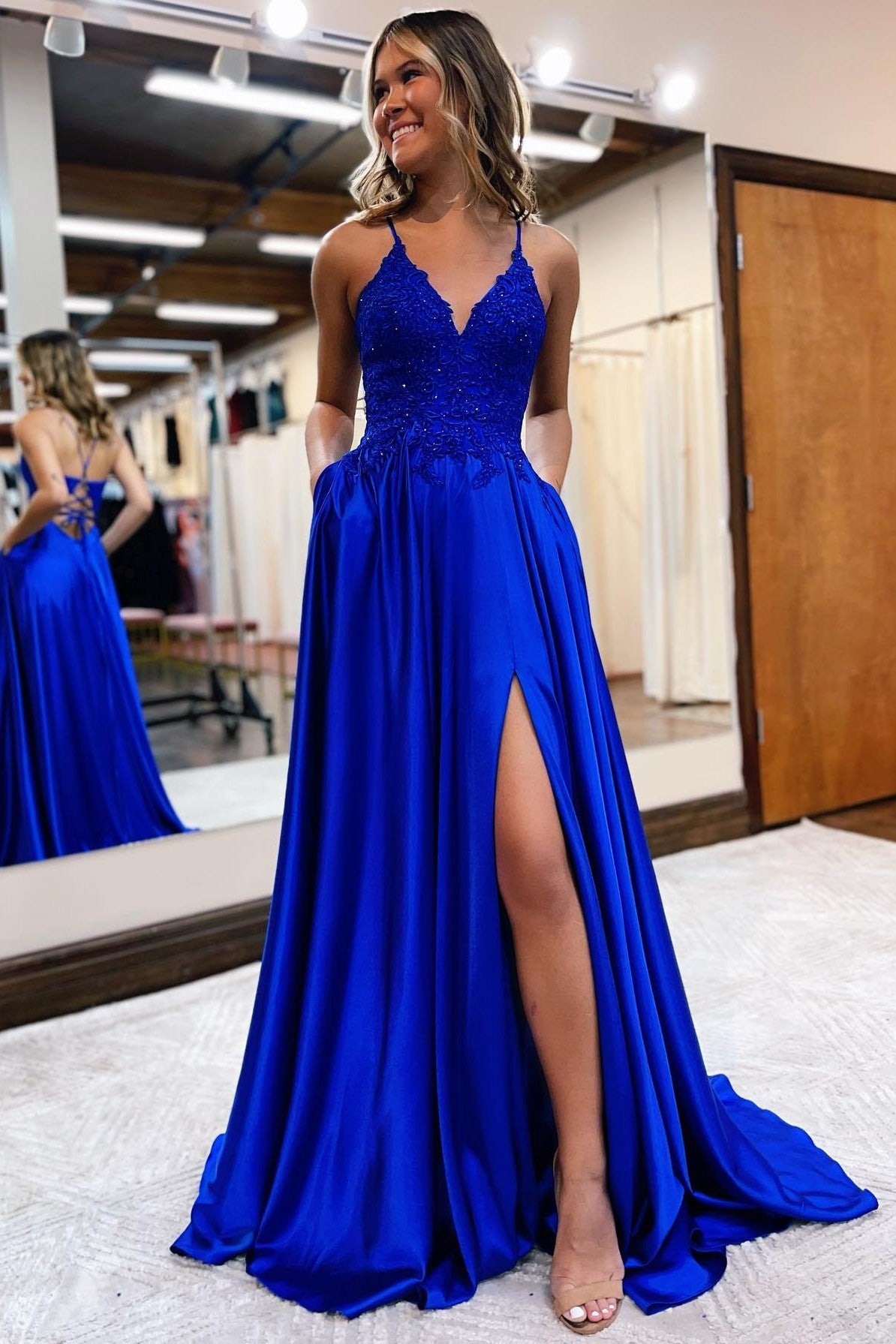 Slit A-Line Prom Dress With Pockets And Lace-Up Back