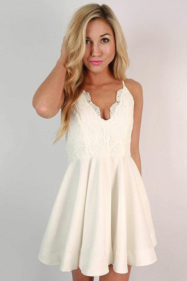Spaghetti Straps A-Line Homecoming Dress Ivory Short V Neck Graduation Dress