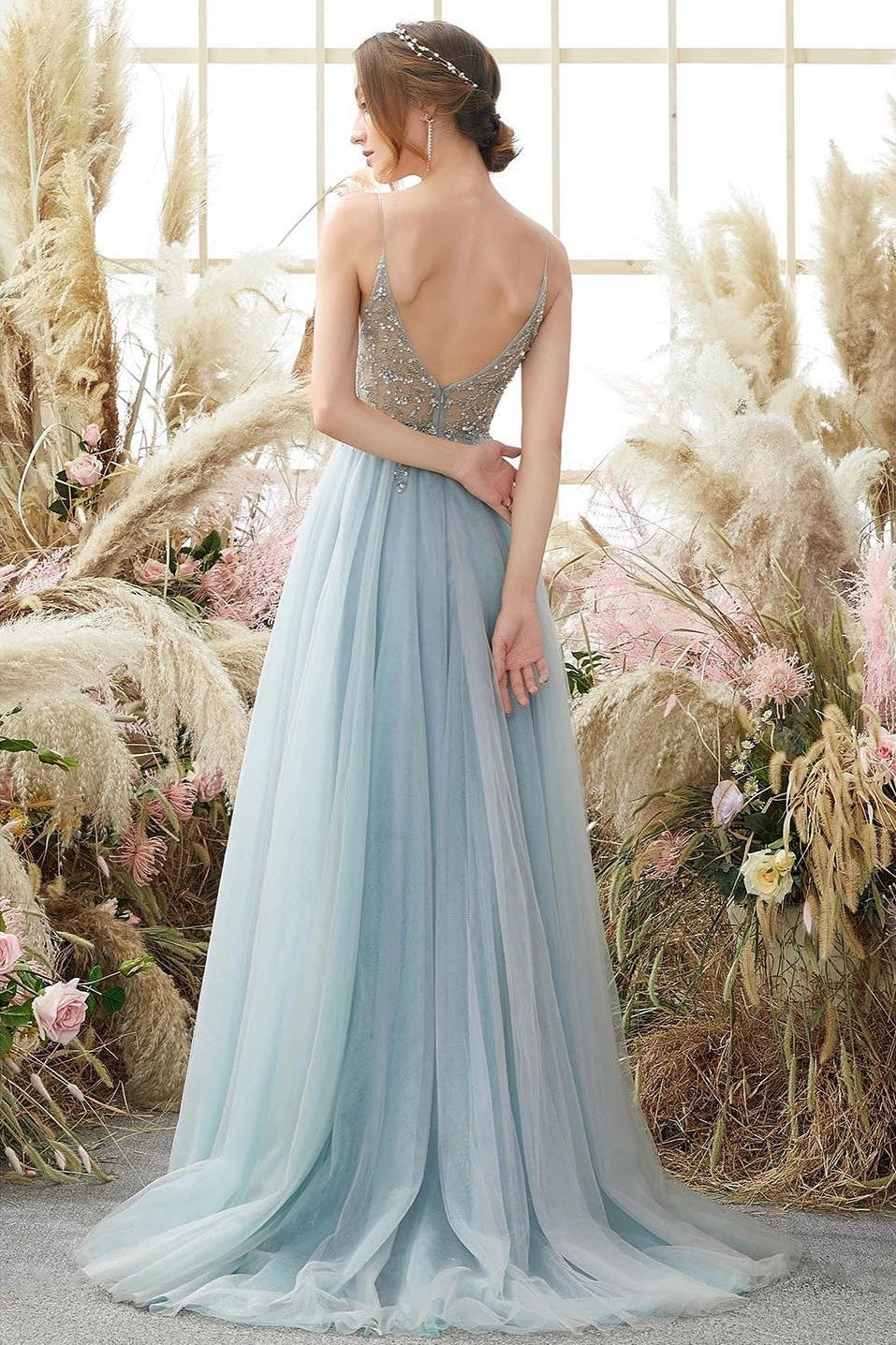 Sparkly Beaded Tulle Prom Dress Dusty Blue A-Line Evening Gown with Slit