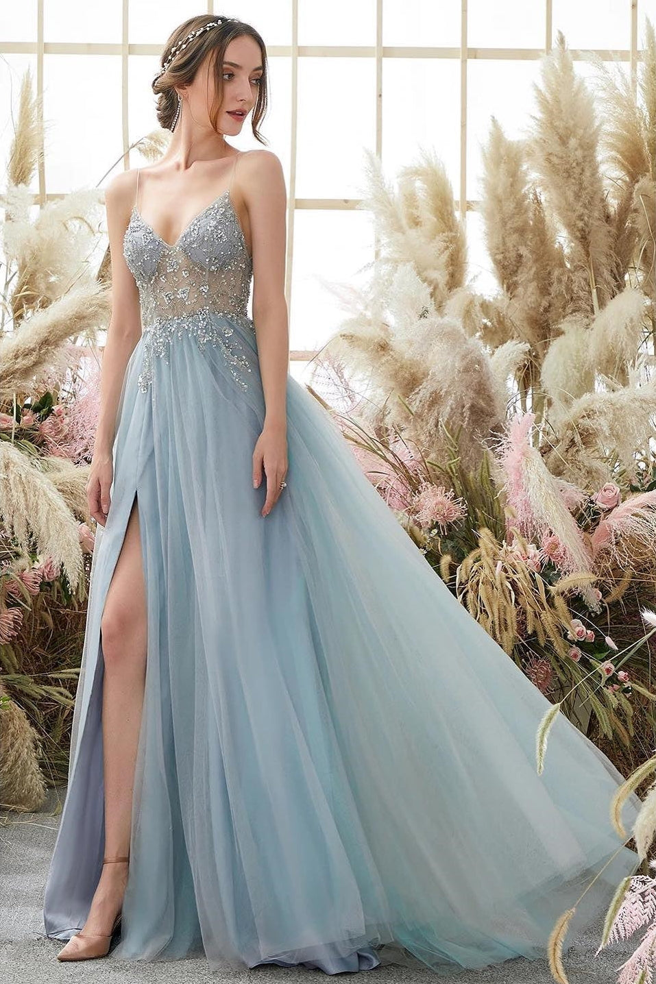 Sparkly Beaded Tulle Prom Dress Dusty Blue A-Line Evening Gown with Slit