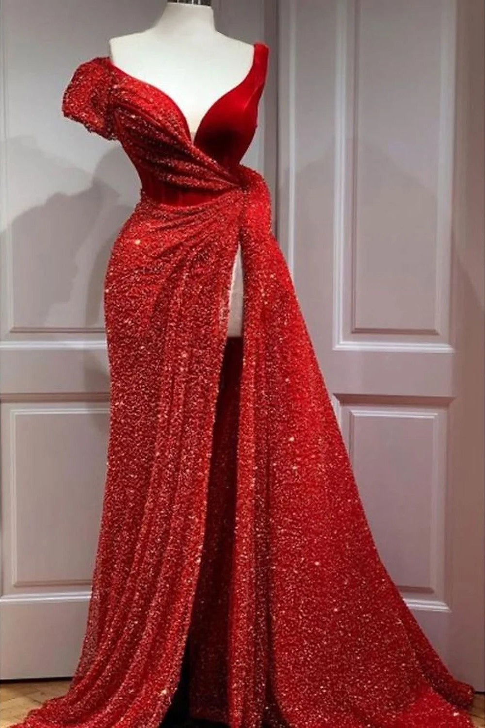 Sparkly High Split Prom Dress Sexy Red Sequin A-line Evening Gown