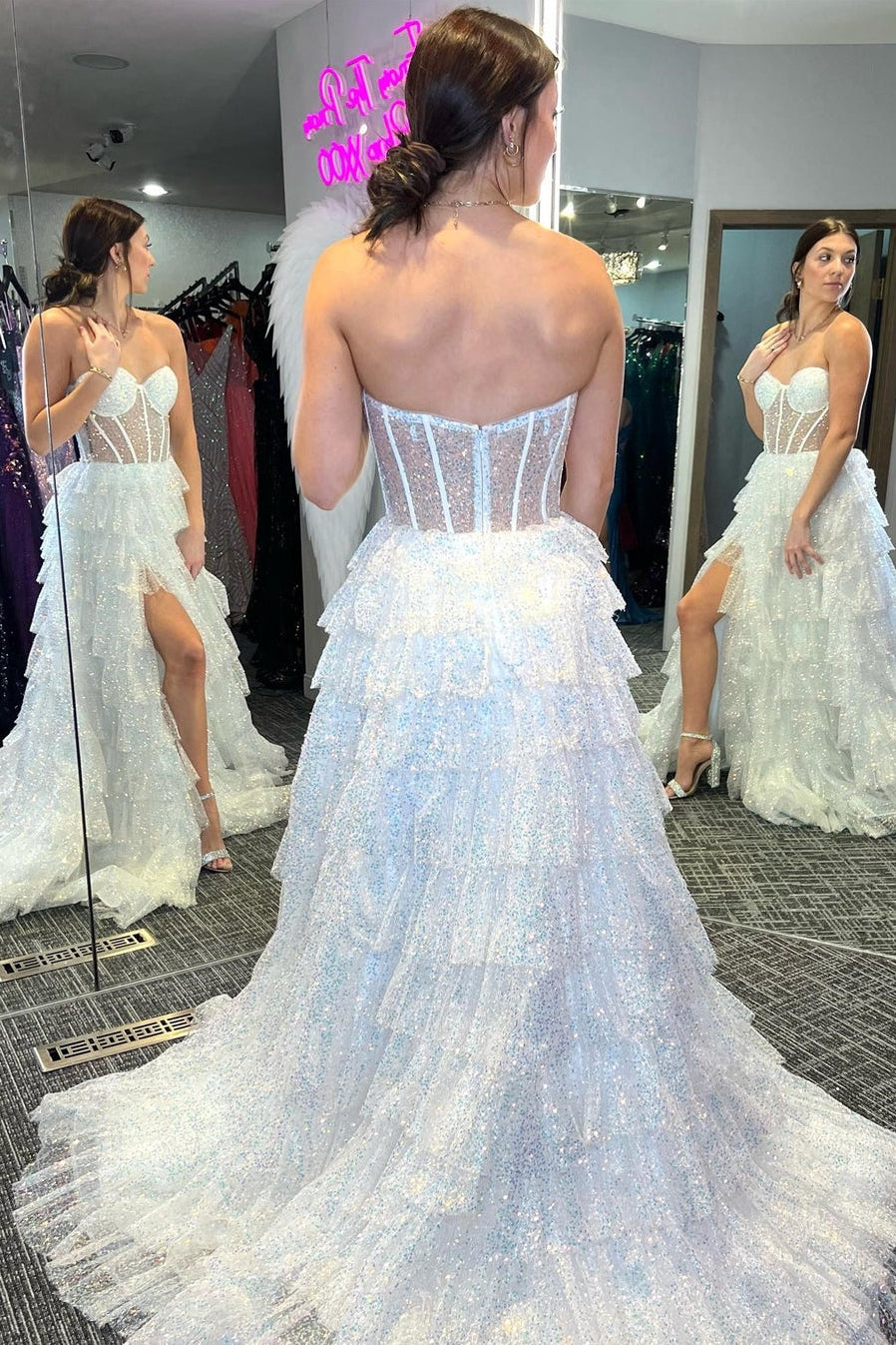 Sparkly Ruffles Tiered Prom Dress Sweetheart Corset A-Line Evening Gown with Slit