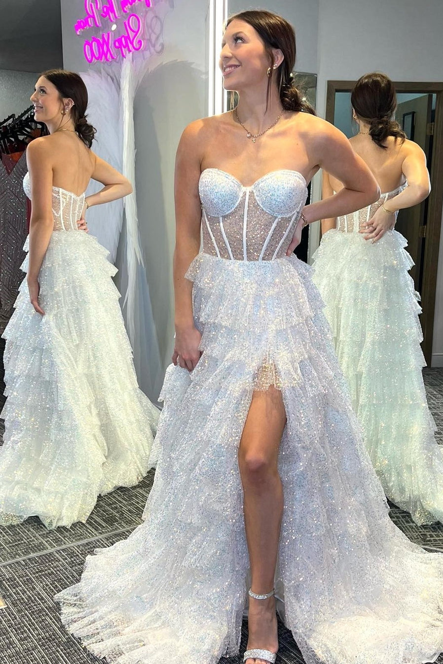 Sparkly Ruffles Tiered Prom Dress Sweetheart Corset A-Line Evening Gown with Slit